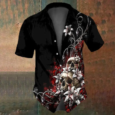 Retro Flower Skull Print Vīriešu krekls Vasaras modes Street Hip Hop Moderns Tops Vīriešu krekli Lielizmēra T-krekli