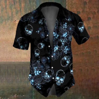 Retro Flower Skull Print Vīriešu krekls Vasaras modes Street Hip Hop Moderns Tops Vīriešu krekli Lielizmēra T-krekli