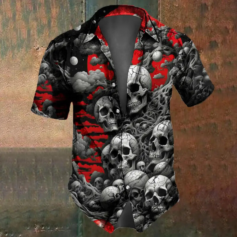 Retro Flower Skull Print Vīriešu krekls Vasaras modes Street Hip Hop Moderns Tops Vīriešu krekli Lielizmēra T-krekli