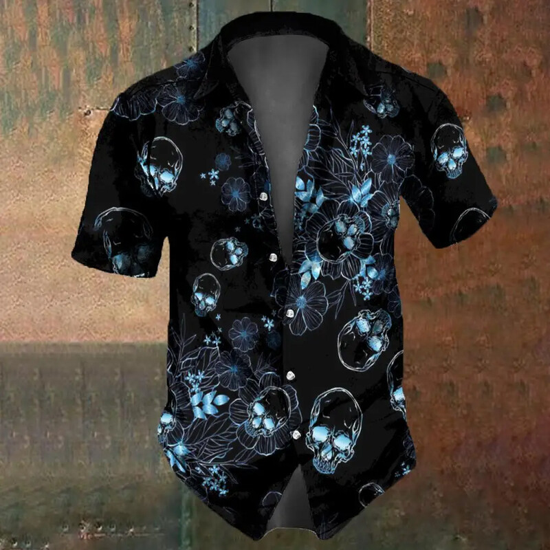 Retro Flower Skull Print Vīriešu krekls Vasaras modes Street Hip Hop Moderns Tops Vīriešu krekli Lielizmēra T-krekli