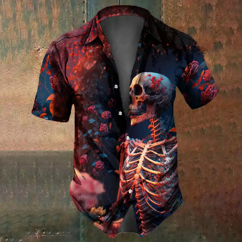 Retro Flower Skull Print Vīriešu krekls Vasaras modes Street Hip Hop Moderns Tops Vīriešu krekli Lielizmēra T-krekli