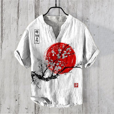 2024. aasta uus meeste särk Jaapani vintage kunstitrükiga linane lühikeste varrukatega särk Hawaii stiilis nööbiga Henry kaelusega särk