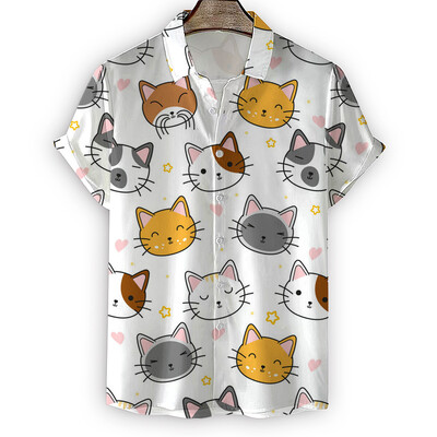 Vasaros aukštos kokybės vyriški havajietiški marškiniai 3D gyvūnų juoda katė marginta trumpomis atvartomis rankovėmis Didelio dydžio Havajų vyriški paplūdimio marškiniai su gėlėmis