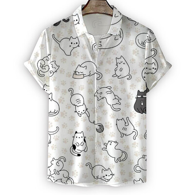 Vasaros aukštos kokybės vyriški havajietiški marškiniai 3D gyvūnų juoda katė marginta trumpomis atvartomis rankovėmis Didelio dydžio Havajų vyriški paplūdimio marškiniai su gėlėmis