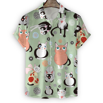 Vasaros aukštos kokybės vyriški havajietiški marškiniai 3D gyvūnų juoda katė marginta trumpomis atvartomis rankovėmis Didelio dydžio Havajų vyriški paplūdimio marškiniai su gėlėmis