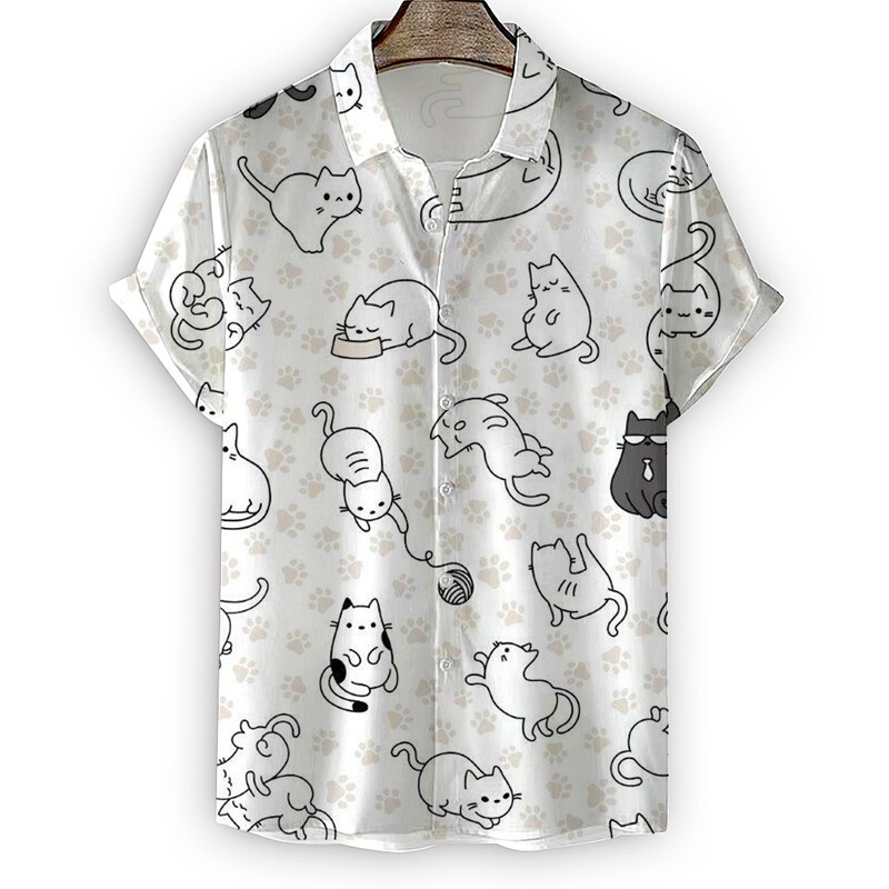 Vasaros aukštos kokybės vyriški havajietiški marškiniai 3D gyvūnų juoda katė marginta trumpomis atvartomis rankovėmis Didelio dydžio Havajų vyriški paplūdimio marškiniai su gėlėmis