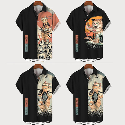 Риза в японски стил Harajuku за мъжко облекло Samurai Cool Cat Print Button Ризи Fashion Street Trend 2025 Мъжка нова блуза