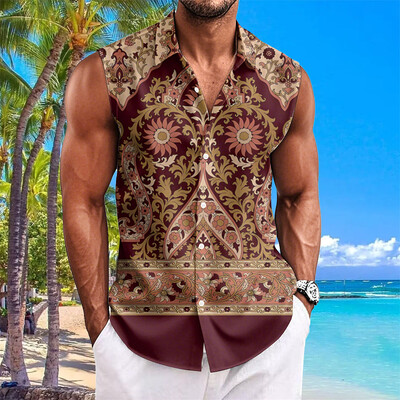 Etninio stiliaus vyriški marškiniai su anakardžių gėlėmis marginti berankoviai atvartai Havajietiški marškiniai vyrams Laisvalaikio vintažiniai dideli vyriški drabužiai