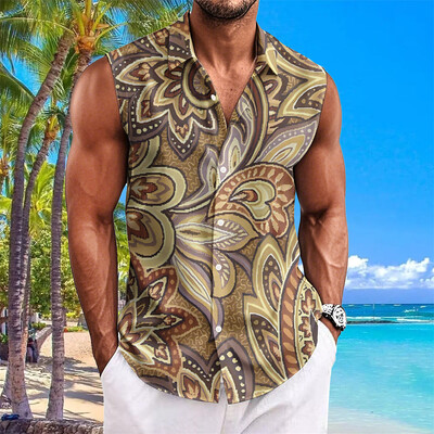 Etninio stiliaus vyriški marškiniai su anakardžių gėlėmis marginti berankoviai atvartai Havajietiški marškiniai vyrams Laisvalaikio vintažiniai dideli vyriški drabužiai
