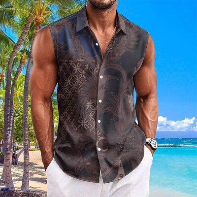 Etninio stiliaus vyriški marškiniai su anakardžių gėlėmis marginti berankoviai atvartai Havajietiški marškiniai vyrams Laisvalaikio vintažiniai dideli vyriški drabužiai