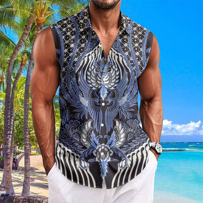 Etninio stiliaus vyriški marškiniai su anakardžių gėlėmis marginti berankoviai atvartai Havajietiški marškiniai vyrams Laisvalaikio vintažiniai dideli vyriški drabužiai