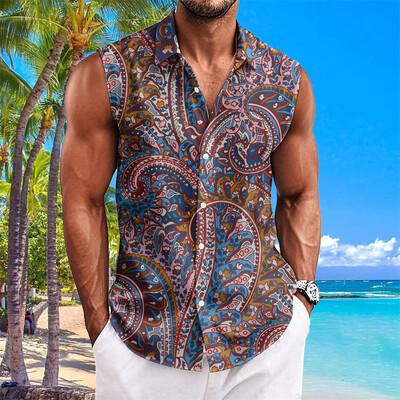 Etninio stiliaus vyriški marškiniai su anakardžių gėlėmis marginti berankoviai atvartai Havajietiški marškiniai vyrams Laisvalaikio vintažiniai dideli vyriški drabužiai