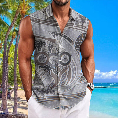 Etninio stiliaus vyriški marškiniai su anakardžių gėlėmis marginti berankoviai atvartai Havajietiški marškiniai vyrams Laisvalaikio vintažiniai dideli vyriški drabužiai