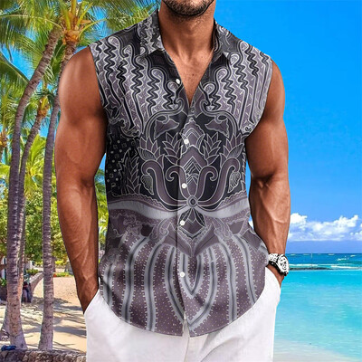 Etninio stiliaus vyriški marškiniai su anakardžių gėlėmis marginti berankoviai atvartai Havajietiški marškiniai vyrams Laisvalaikio vintažiniai dideli vyriški drabužiai