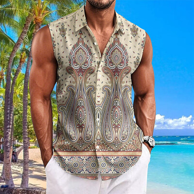 Etninio stiliaus vyriški marškiniai su anakardžių gėlėmis marginti berankoviai atvartai Havajietiški marškiniai vyrams Laisvalaikio vintažiniai dideli vyriški drabužiai