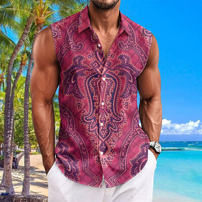 Etninio stiliaus vyriški marškiniai su anakardžių gėlėmis marginti berankoviai atvartai Havajietiški marškiniai vyrams Laisvalaikio vintažiniai dideli vyriški drabužiai