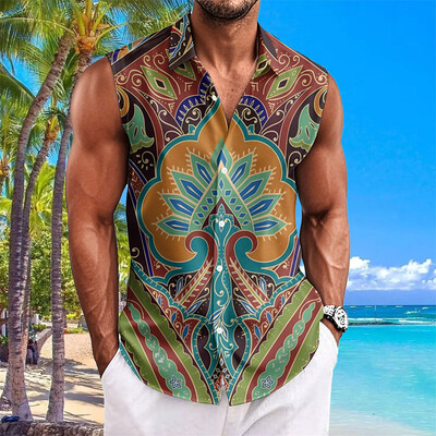 Etninio stiliaus vyriški marškiniai su anakardžių gėlėmis marginti berankoviai atvartai Havajietiški marškiniai vyrams Laisvalaikio vintažiniai dideli vyriški drabužiai