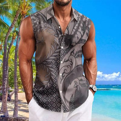 Etninio stiliaus vyriški marškiniai su anakardžių gėlėmis marginti berankoviai atvartai Havajietiški marškiniai vyrams Laisvalaikio vintažiniai dideli vyriški drabužiai