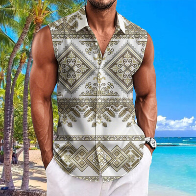 Etninio stiliaus vyriški marškiniai su anakardžių gėlėmis marginti berankoviai atvartai Havajietiški marškiniai vyrams Laisvalaikio vintažiniai dideli vyriški drabužiai