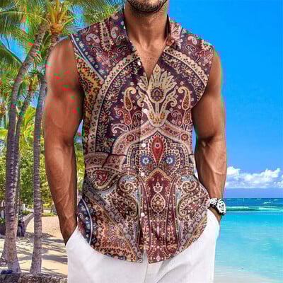 Etninio stiliaus vyriški marškiniai su anakardžių gėlėmis marginti berankoviai atvartai Havajietiški marškiniai vyrams Laisvalaikio vintažiniai dideli vyriški drabužiai