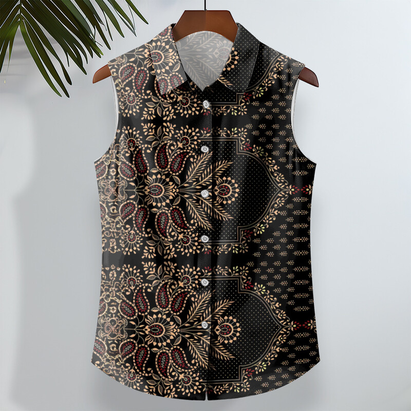 Etninio stiliaus vyriški marškiniai su anakardžių gėlėmis marginti berankoviai atvartai Havajietiški marškiniai vyrams Laisvalaikio vintažiniai dideli vyriški drabužiai