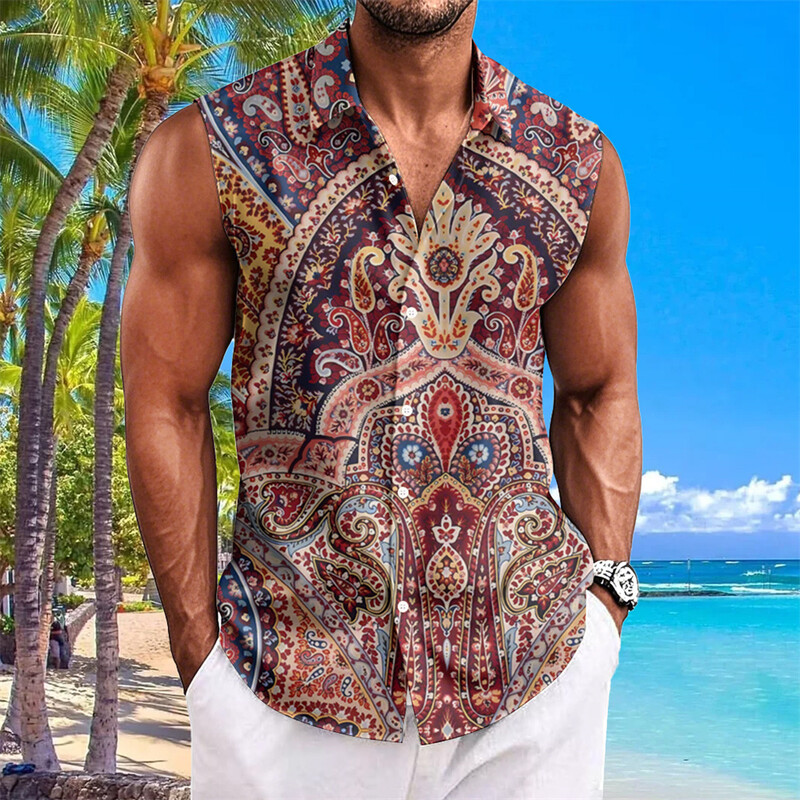 Etninio stiliaus vyriški marškiniai su anakardžių gėlėmis marginti berankoviai atvartai Havajietiški marškiniai vyrams Laisvalaikio vintažiniai dideli vyriški drabužiai