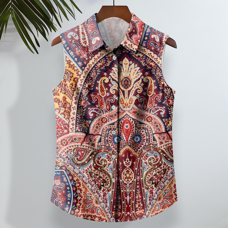 Etninio stiliaus vyriški marškiniai su anakardžių gėlėmis marginti berankoviai atvartai Havajietiški marškiniai vyrams Laisvalaikio vintažiniai dideli vyriški drabužiai