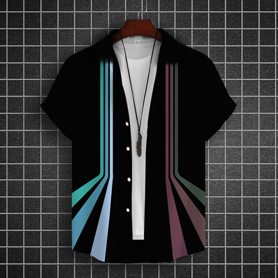 Lihtsad särgid meestele 3D triibuga trükitud meesterõivad, lahtised, suured ja õitsevad vabaaja lühikeste varrukatega tänavatopsid