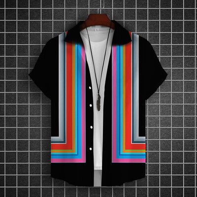 Lihtsad särgid meestele 3D triibuga trükitud meesterõivad, lahtised, suured ja õitsevad vabaaja lühikeste varrukatega tänavatopsid