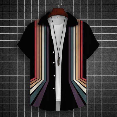 Lihtsad särgid meestele 3D triibuga trükitud meesterõivad, lahtised, suured ja õitsevad vabaaja lühikeste varrukatega tänavatopsid