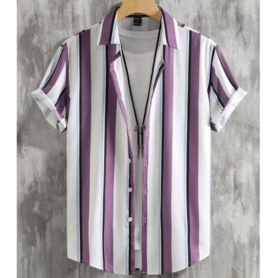 Lihtsad särgid meestele 3D triibuga trükitud meesterõivad, lahtised, suured ja õitsevad vabaaja lühikeste varrukatega tänavatopsid