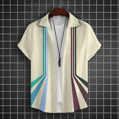 Lihtsad särgid meestele 3D triibuga trükitud meesterõivad, lahtised, suured ja õitsevad vabaaja lühikeste varrukatega tänavatopsid