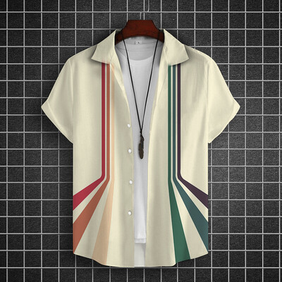 Lihtsad särgid meestele 3D triibuga trükitud meesterõivad, lahtised, suured ja õitsevad vabaaja lühikeste varrukatega tänavatopsid