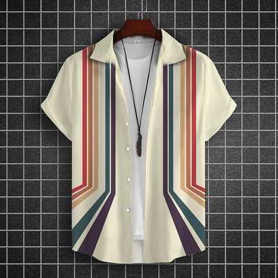 Lihtsad särgid meestele 3D triibuga trükitud meesterõivad, lahtised, suured ja õitsevad vabaaja lühikeste varrukatega tänavatopsid