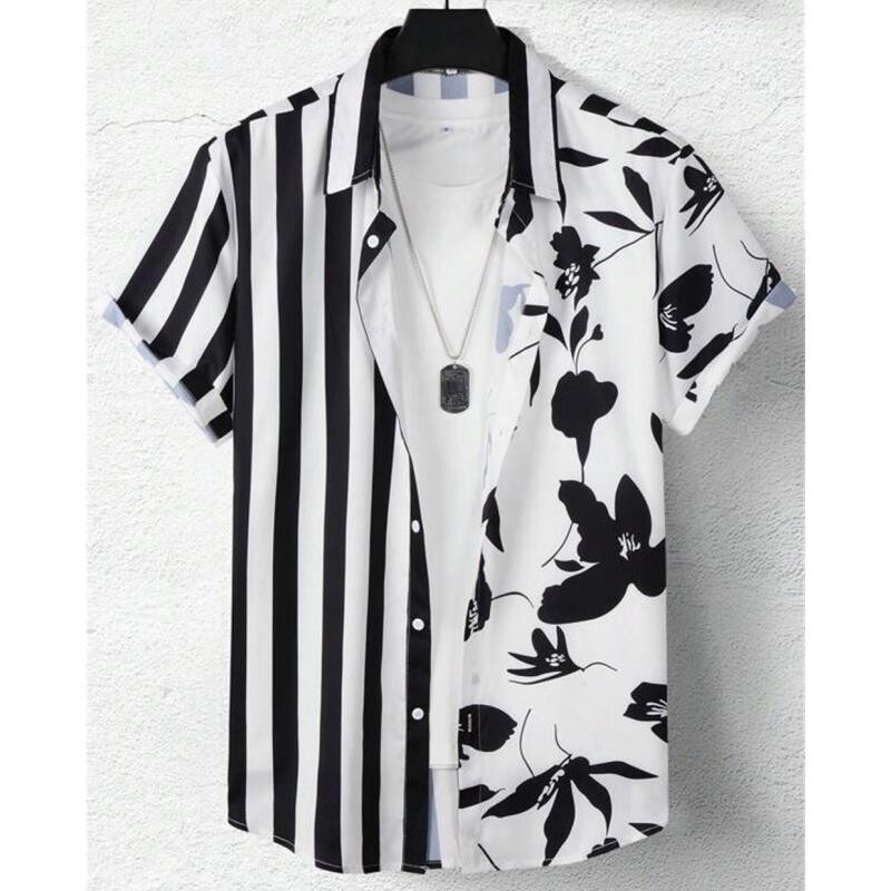 Lihtsad särgid meestele 3D triibuga trükitud meesterõivad, lahtised, suured ja õitsevad vabaaja lühikeste varrukatega tänavatopsid