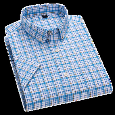 Jauna dizaina vīriešu svītrains krekls ar īsām piedurknēm 100% tīras kokvilnas rūtains jauniešu koledžas stils Oksfordas mīksts komforts, forša rūtota blūze