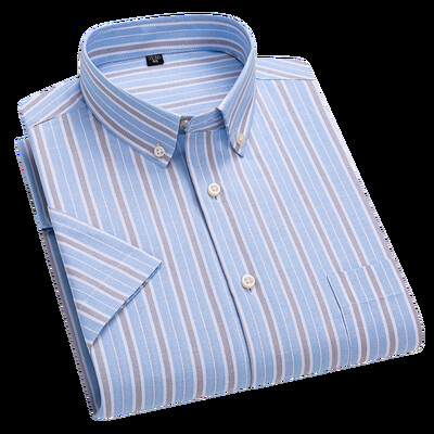 Jauna dizaina vīriešu svītrains krekls ar īsām piedurknēm 100% tīras kokvilnas rūtains jauniešu koledžas stils Oksfordas mīksts komforts, forša rūtota blūze