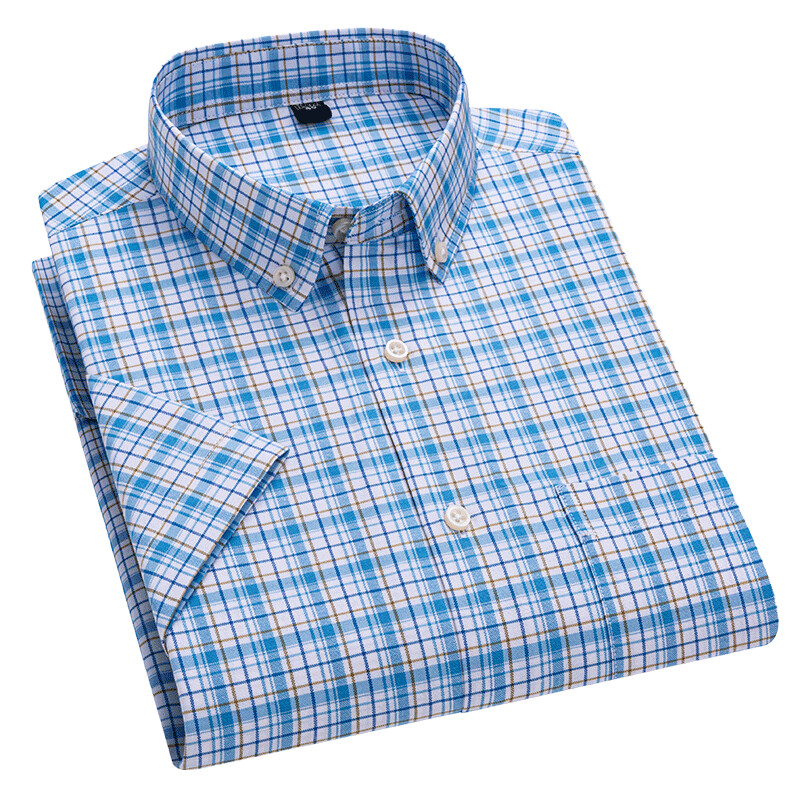 Jauna dizaina vīriešu svītrains krekls ar īsām piedurknēm 100% tīras kokvilnas rūtains jauniešu koledžas stils Oksfordas mīksts komforts, forša rūtota blūze