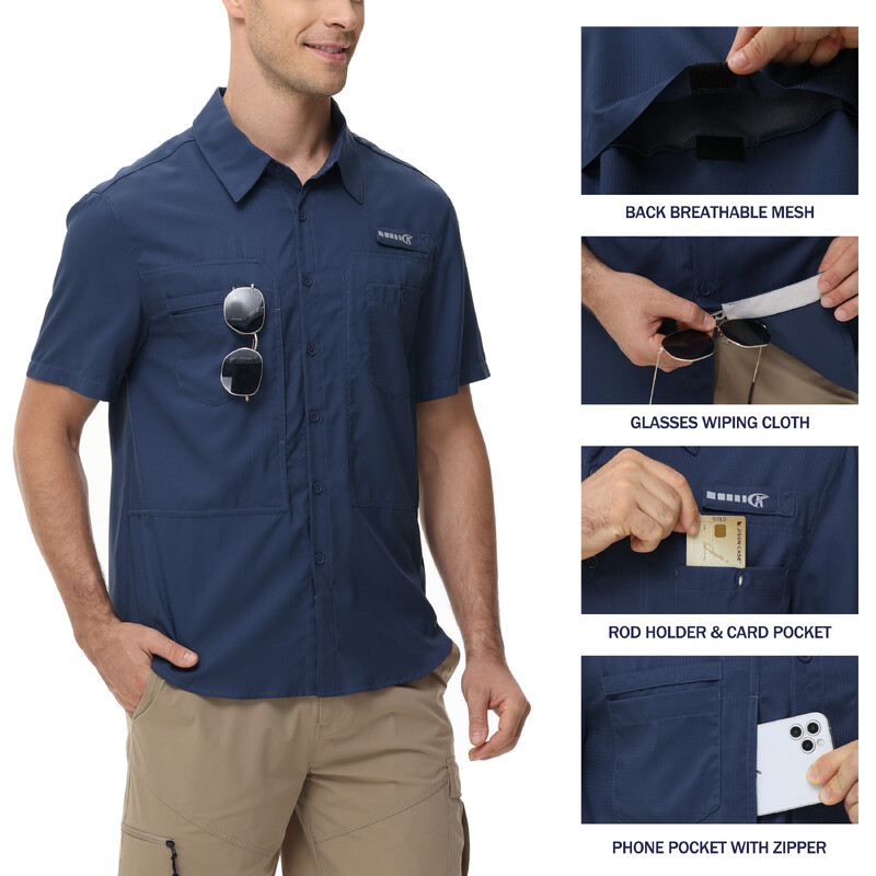 Vīriešu elpojoši makšķerēšanas krekli, UPF 50+ īsām piedurknēm ikdienas kravas makšķerēšanas krekls, piepogājami taktiskie krekli Blūze āra aktivitātēm