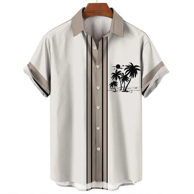 Havajų vyriški marškiniai Vasaros atvartas trumpomis rankovėmis marškinėliai Madingi paprastos juostelės spausdinti drabužiai Vyriški paplūdimio atostogų marškinėliai 2024 m.