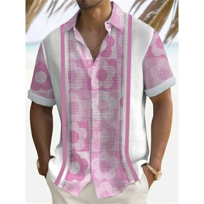 Meeste trükitud lühikeste varrukatega kraega särk, suvine mugav kangast särk, linane särk