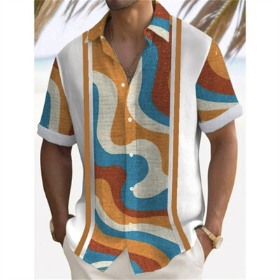 Meeste trükitud lühikeste varrukatega kraega särk, suvine mugav kangast särk, linane särk