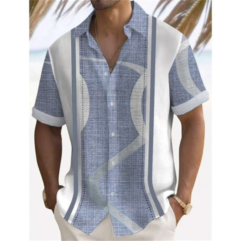 Meeste trükitud lühikeste varrukatega kraega särk, suvine mugav kangast särk, linane särk