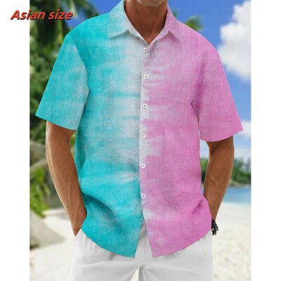 Spalvingi gradiento rašto havajietiški marškiniai vyrams Spalvoti blokai 3D spausdinti trumpomis rankovėmis laisvalaikio atvartas Aloha marškiniai Laisva palaidinė