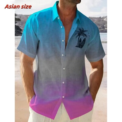 Spalvingi gradiento rašto havajietiški marškiniai vyrams Spalvoti blokai 3D spausdinti trumpomis rankovėmis laisvalaikio atvartas Aloha marškiniai Laisva palaidinė