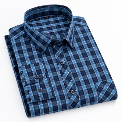 Moodne puuvillane ruuduline särk meeste lühikeste varrukatega, ühe plaastriga taskudisain Noor vabaaja, standardse sobivusega meeste särk