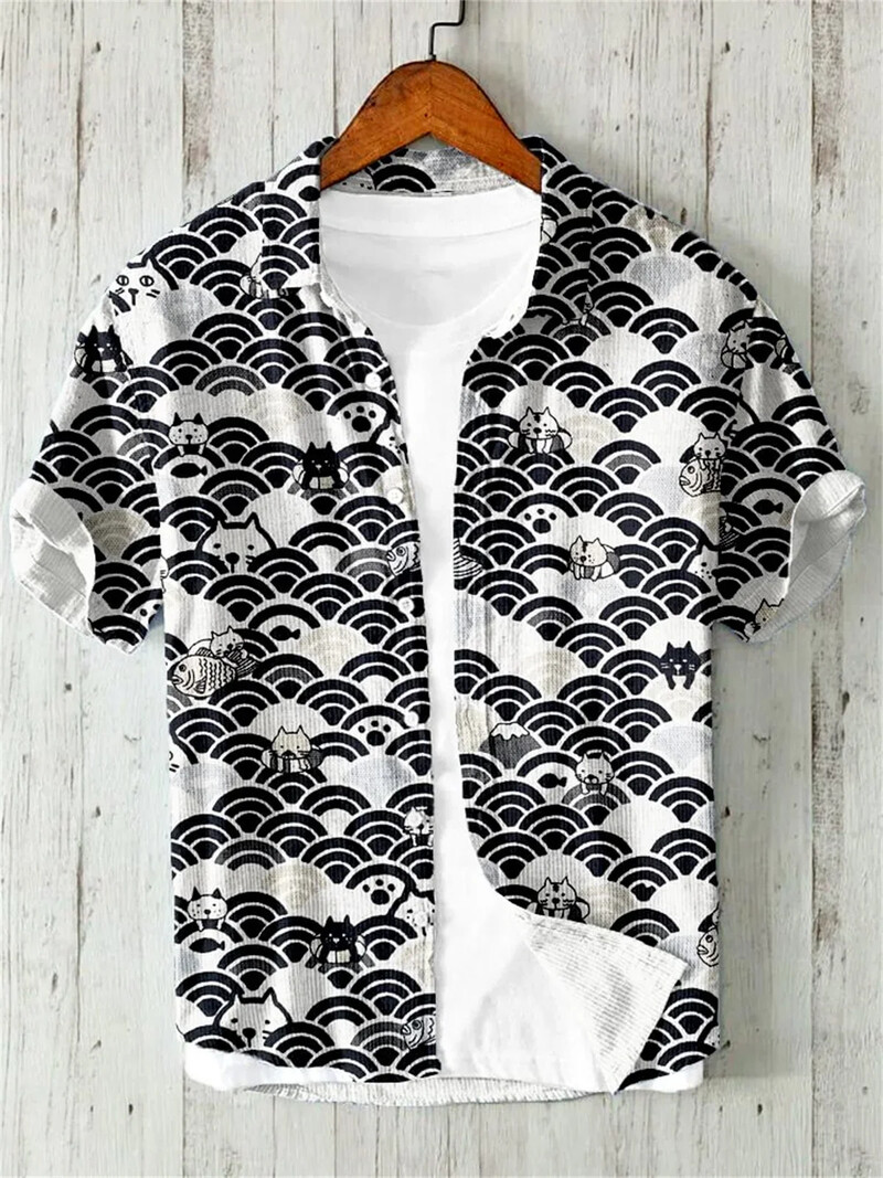 3D spausdinimas Havajų stiliaus marškiniai trumpomis rankovėmis, japoniško meno lino, patogūs laisvi laisvalaikio marškiniai su atverčiama apykakle, slyvų žiedai