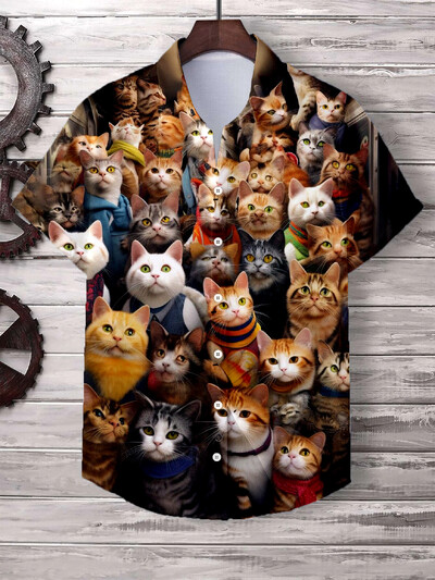 Havajų vyriški marškinėliai Mieli animaciniai katės 3D spausdinti viršūnės Laisvalaikiai moteriški trumpomis rankovėmis marškiniai sagos atvartas Didelio dydžio unisex drabužiai