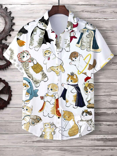 Havajų vyriški marškinėliai Mieli animaciniai katės 3D spausdinti viršūnės Laisvalaikiai moteriški trumpomis rankovėmis marškiniai sagos atvartas Didelio dydžio unisex drabužiai
