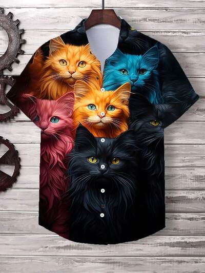 Havajų vyriški marškinėliai Mieli animaciniai katės 3D spausdinti viršūnės Laisvalaikiai moteriški trumpomis rankovėmis marškiniai sagos atvartas Didelio dydžio unisex drabužiai
